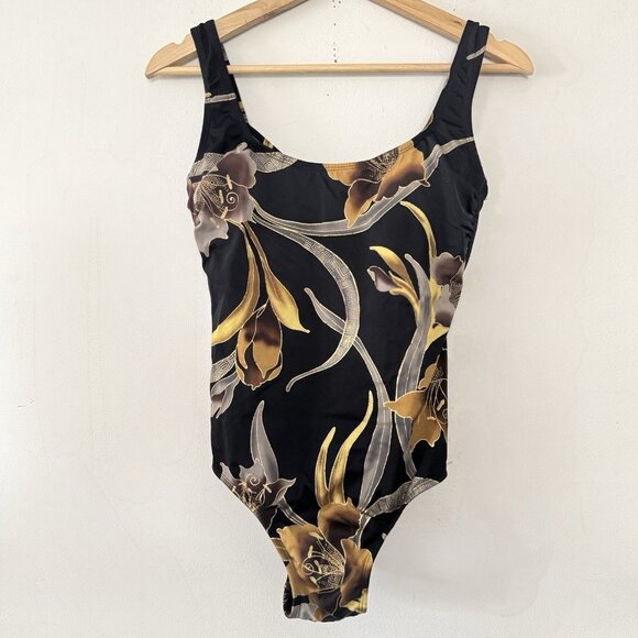 Gottex Swim Retro Swimwear One Piece Swimsuit Bathing Suit Black‎ Gold Floral 10 - Picture 1 of 7